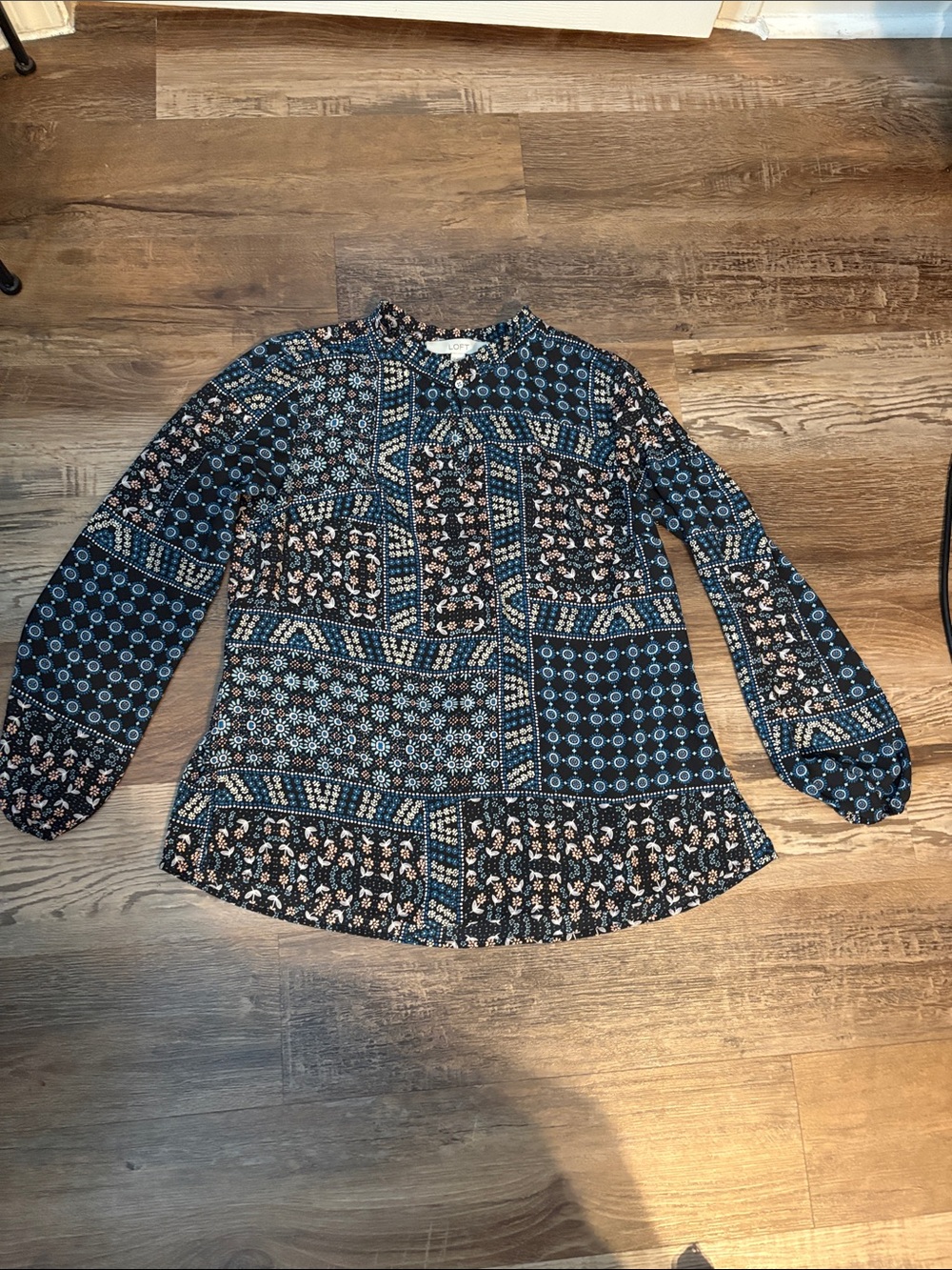 LOFT Navy Patchwork Print Long-Sleeve Blouse